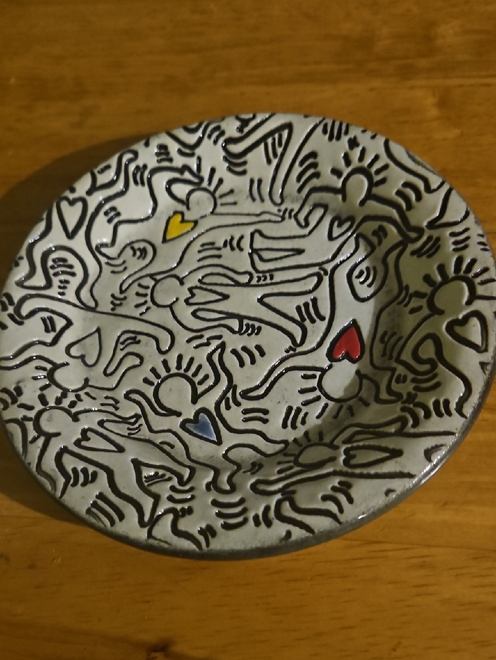 Handcrafted Ceramic Art Dish with Red, Blue & Yellow Heart Accents